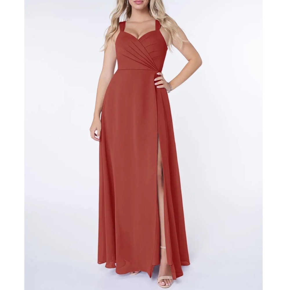 Azazie Nahrin Rust A-Line V-Neck‎ Pleated Chiffon Dress Bridesmaid Sz 6 NWT